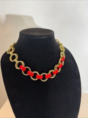 Talbots Gold Tone & Red Enamel Link Statement Necklace/choker